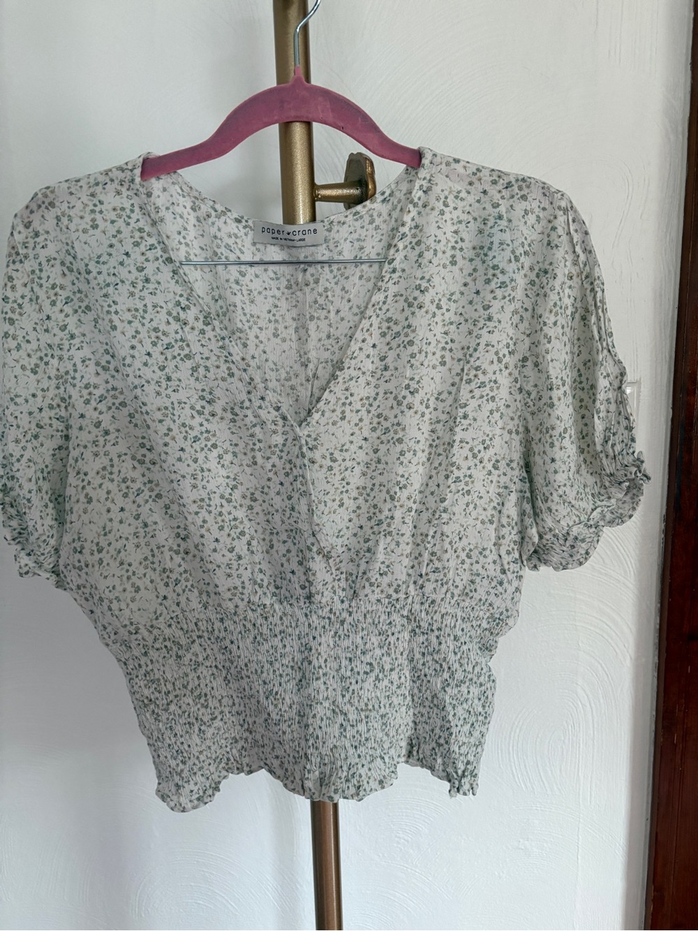Paper Crane White Green Ditsy Floral V-Neck Smocked Blouse